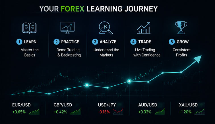 Your forex learning journey: learn, practice, analyze, trade, then grow